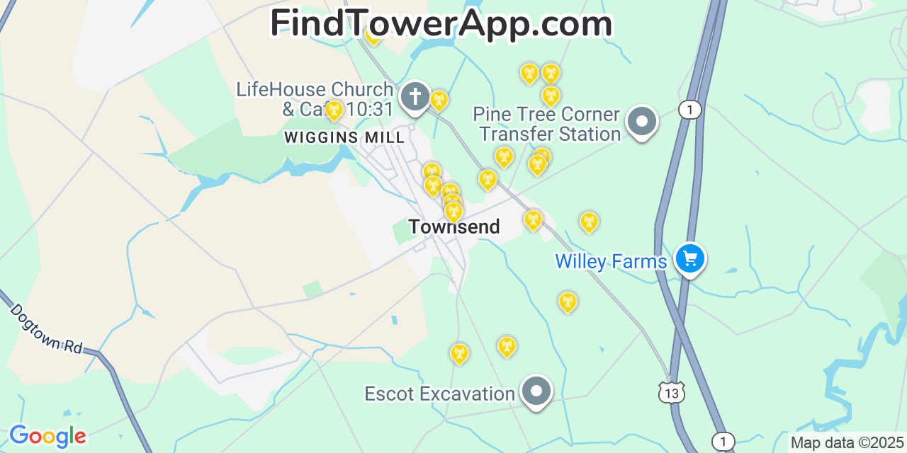 Map showing the 20 primary cell tower locations detected in Townsend, Delaware from AT&T, Verizon, and T-Mobile networks