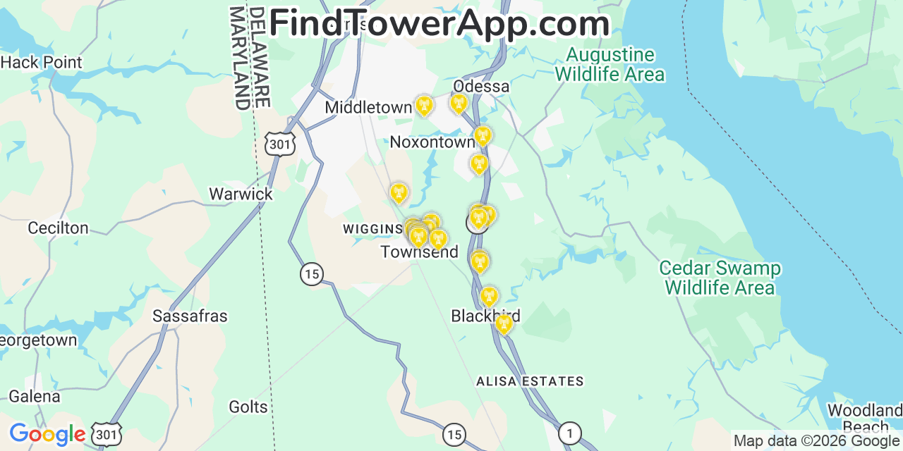 Map showing the 20 primary cell tower locations detected in Townsend, Delaware from AT&T, Verizon, and T-Mobile networks