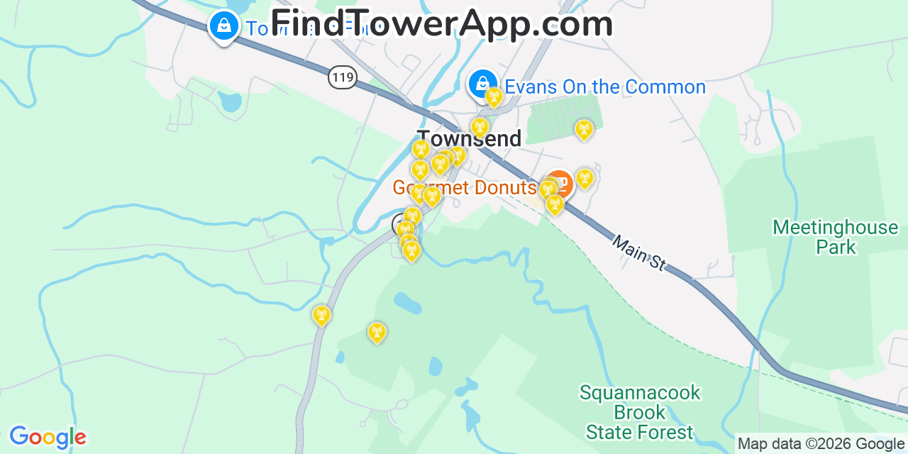 Map showing the 20 primary cell tower locations detected in Townsend, Massachusetts from AT&T, Verizon, and T-Mobile networks