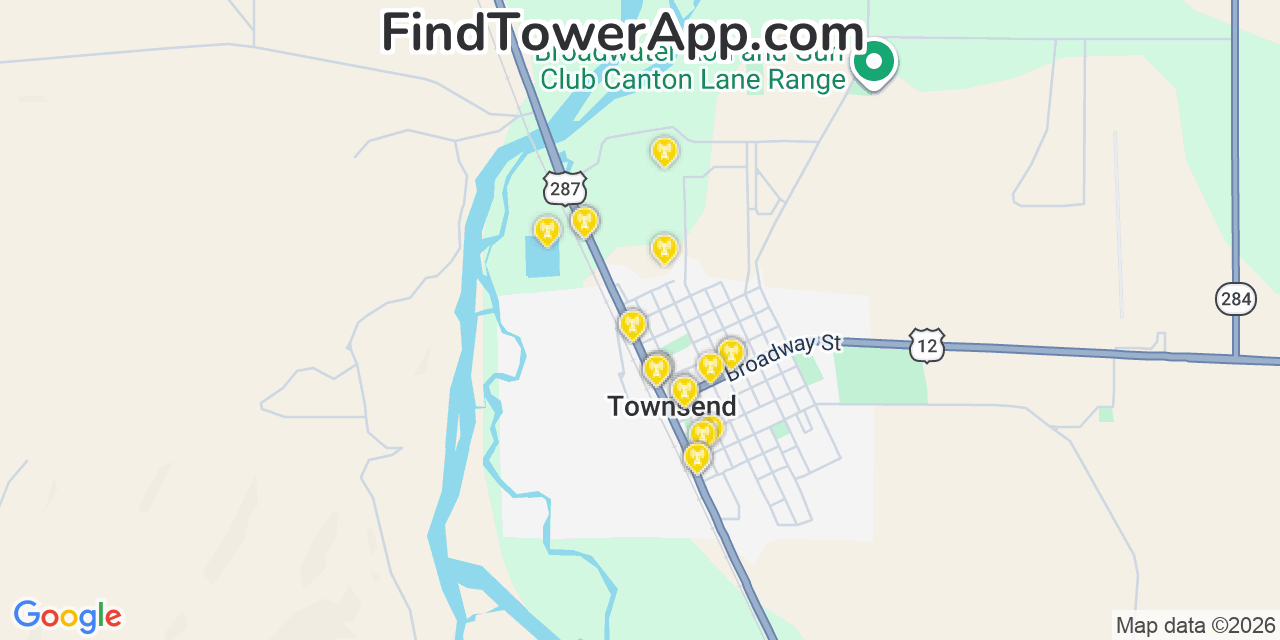 Map showing the 20 primary cell tower locations detected in Townsend, Montana from AT&T, Verizon, and T-Mobile networks