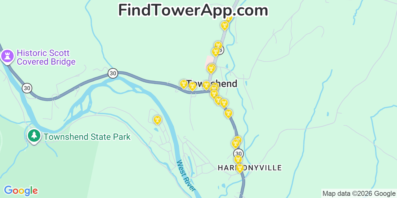 Map showing the 20 primary cell tower locations detected in Townshend, Vermont from AT&T, Verizon, and T-Mobile networks