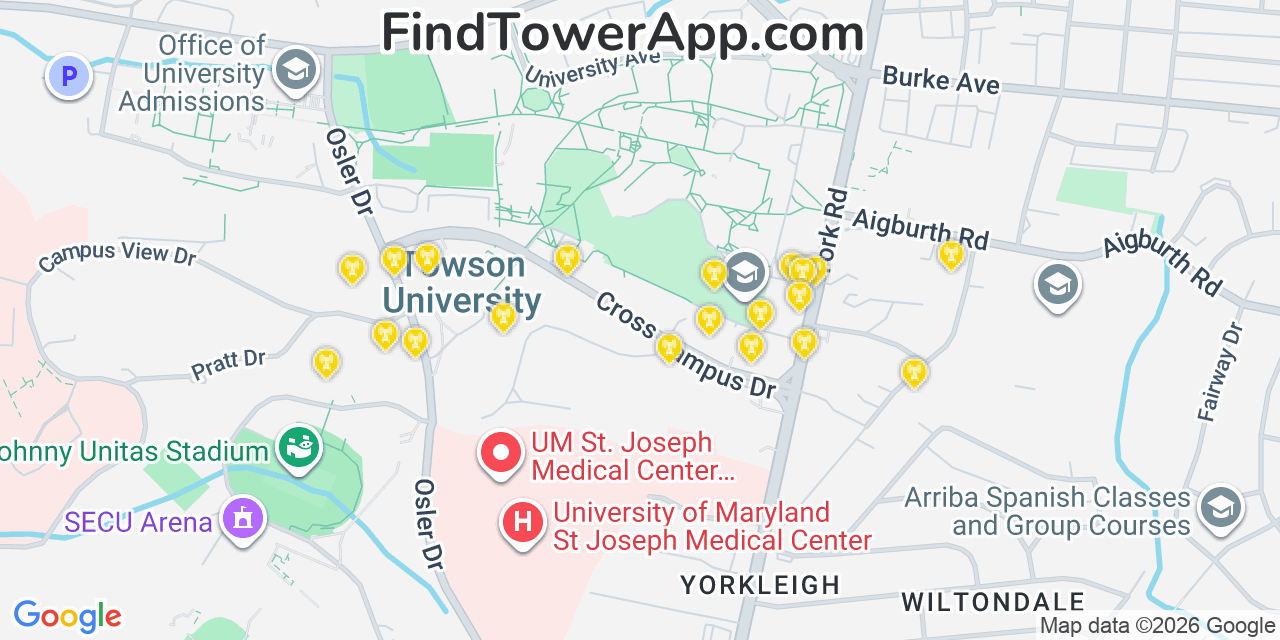 Map showing the 20 primary cell tower locations detected in Towson, Maryland from AT&T, Verizon, and T-Mobile networks
