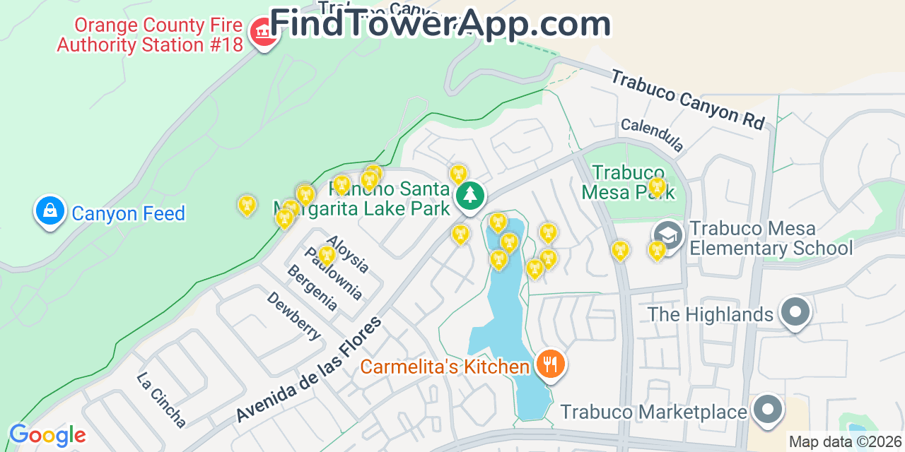 Map showing the 20 primary cell tower locations detected in Trabuco Canyon, California from AT&T, Verizon, and T-Mobile networks