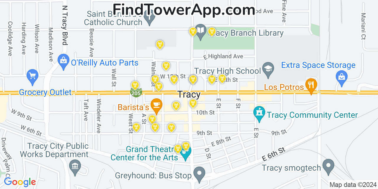 AT&T 4G/5G cell tower coverage map Tracy, California