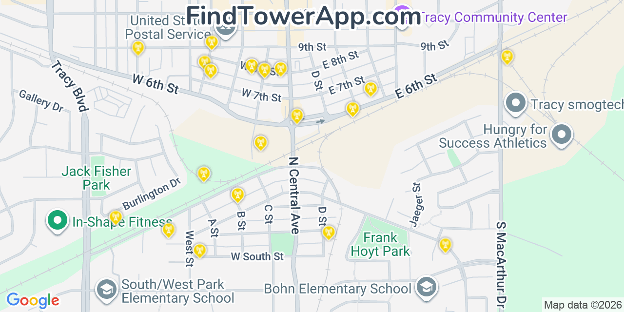 Map showing the 20 primary cell tower locations detected in Tracy, California from AT&T, Verizon, and T-Mobile networks