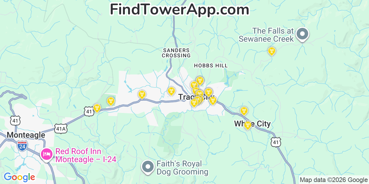 Map showing the 20 primary cell tower locations detected in Tracy City, Tennessee from AT&T, Verizon, and T-Mobile networks