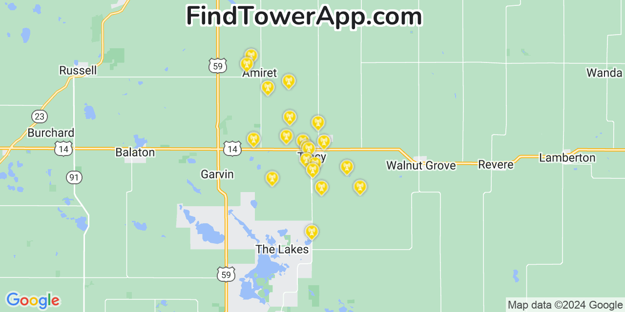 AT&T 4G/5G cell tower coverage map Tracy, Minnesota