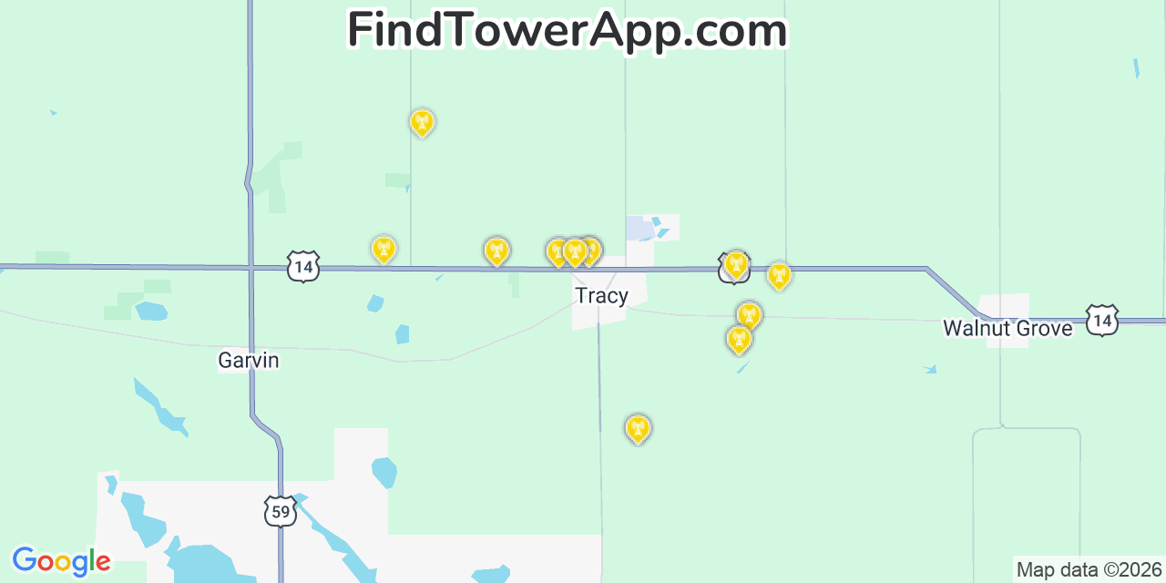 Map showing the 20 primary cell tower locations detected in Tracy, Minnesota from AT&T, Verizon, and T-Mobile networks