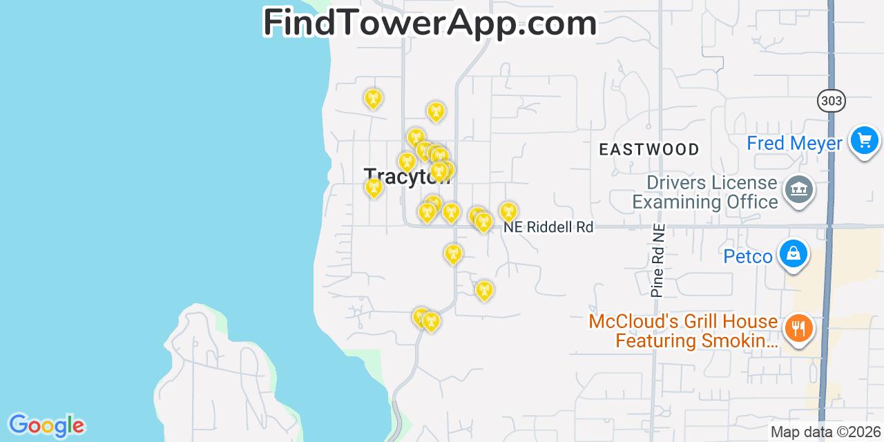 Map showing the 20 primary cell tower locations detected in Tracyton, Washington from AT&T, Verizon, and T-Mobile networks