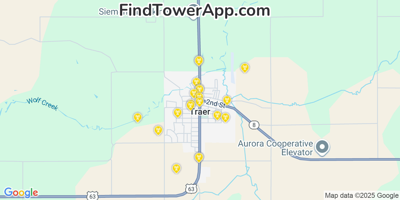 Map showing the 20 primary cell tower locations detected in Traer, Iowa from AT&T, Verizon, and T-Mobile networks
