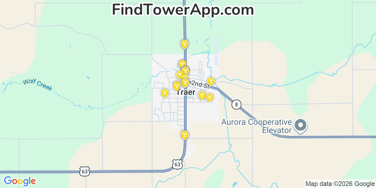 Map showing the 20 primary cell tower locations detected in Traer, Iowa from AT&T, Verizon, and T-Mobile networks