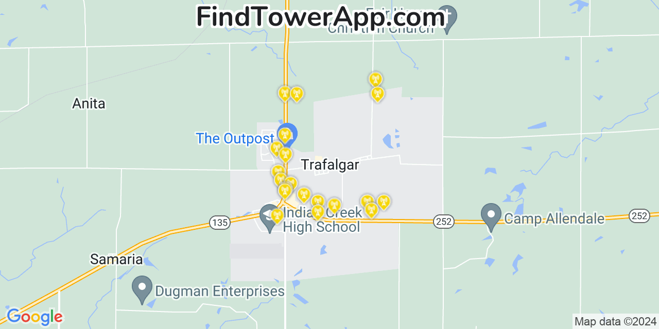 AT&T 4G/5G cell tower coverage map Trafalgar, Indiana