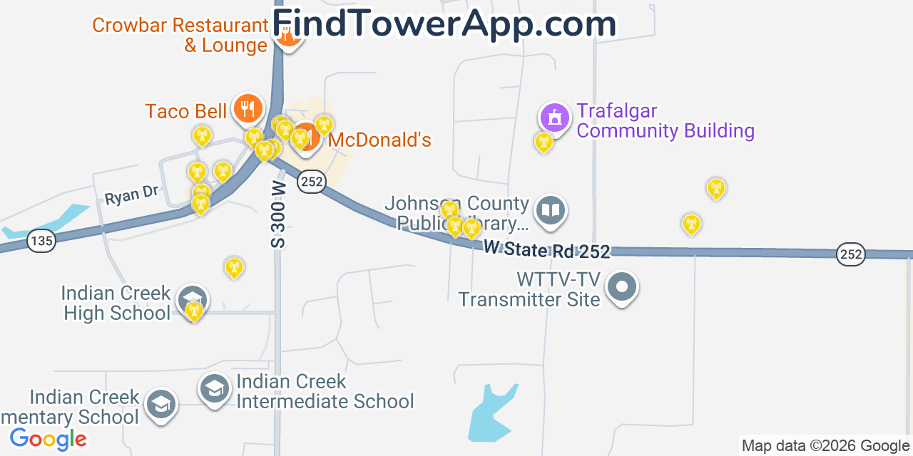 Map showing the 20 primary cell tower locations detected in Trafalgar, Indiana from AT&T, Verizon, and T-Mobile networks