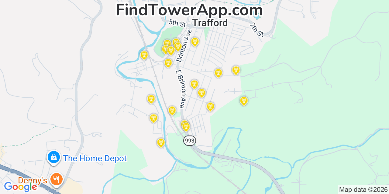 Map showing the 20 primary cell tower locations detected in Trafford, Pennsylvania from AT&T, Verizon, and T-Mobile networks