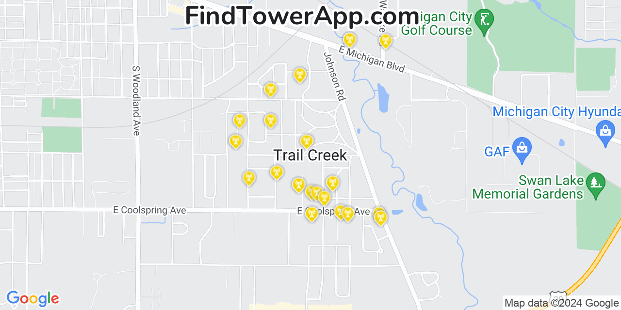 AT&T 4G/5G cell tower coverage map Trail Creek, Indiana