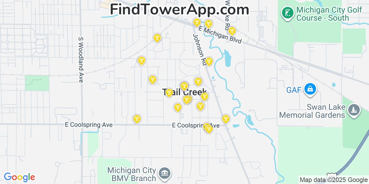 Map showing the 20 primary cell tower locations detected in Trail Creek, Indiana from AT&T, Verizon, and T-Mobile networks