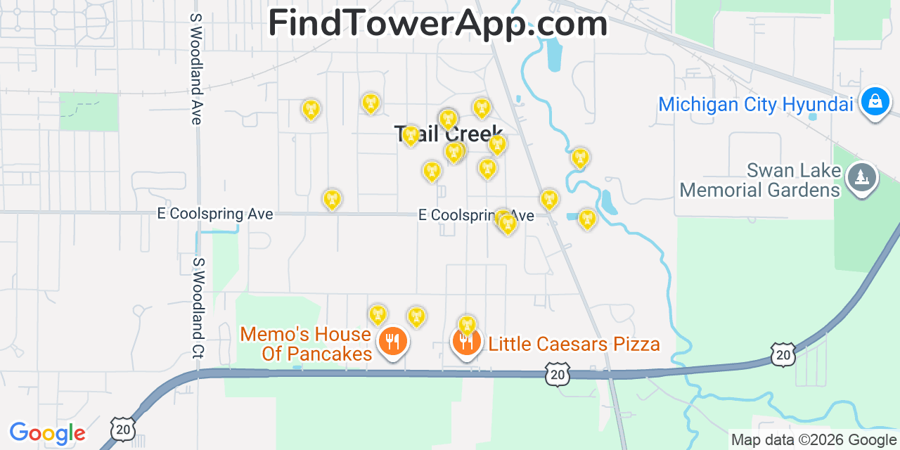Map showing the 20 primary cell tower locations detected in Trail Creek, Indiana from AT&T, Verizon, and T-Mobile networks
