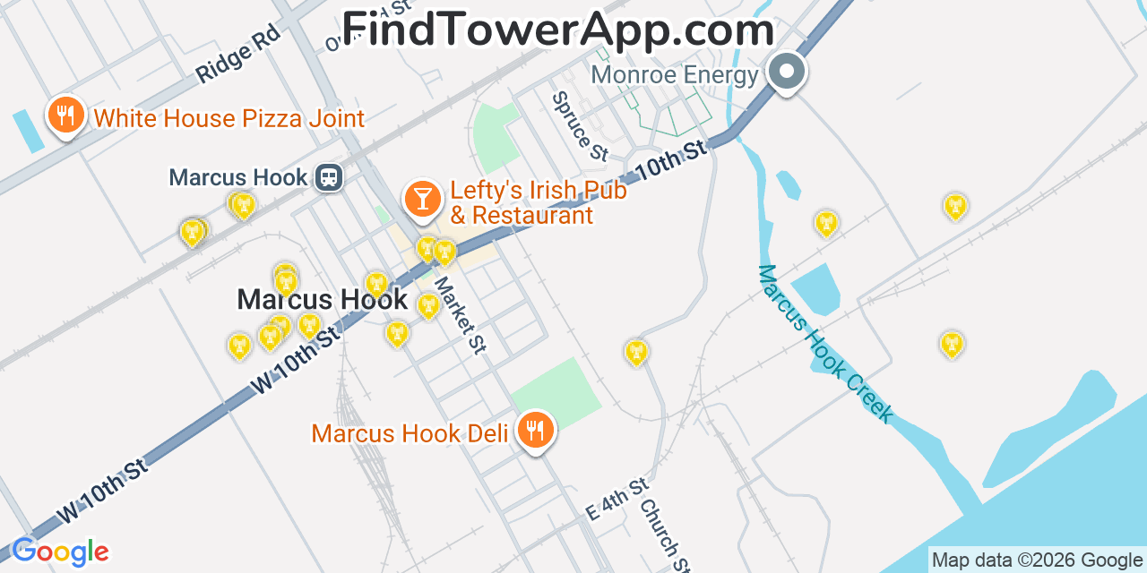 Map showing the 20 primary cell tower locations detected in Trainer, Pennsylvania from AT&T, Verizon, and T-Mobile networks