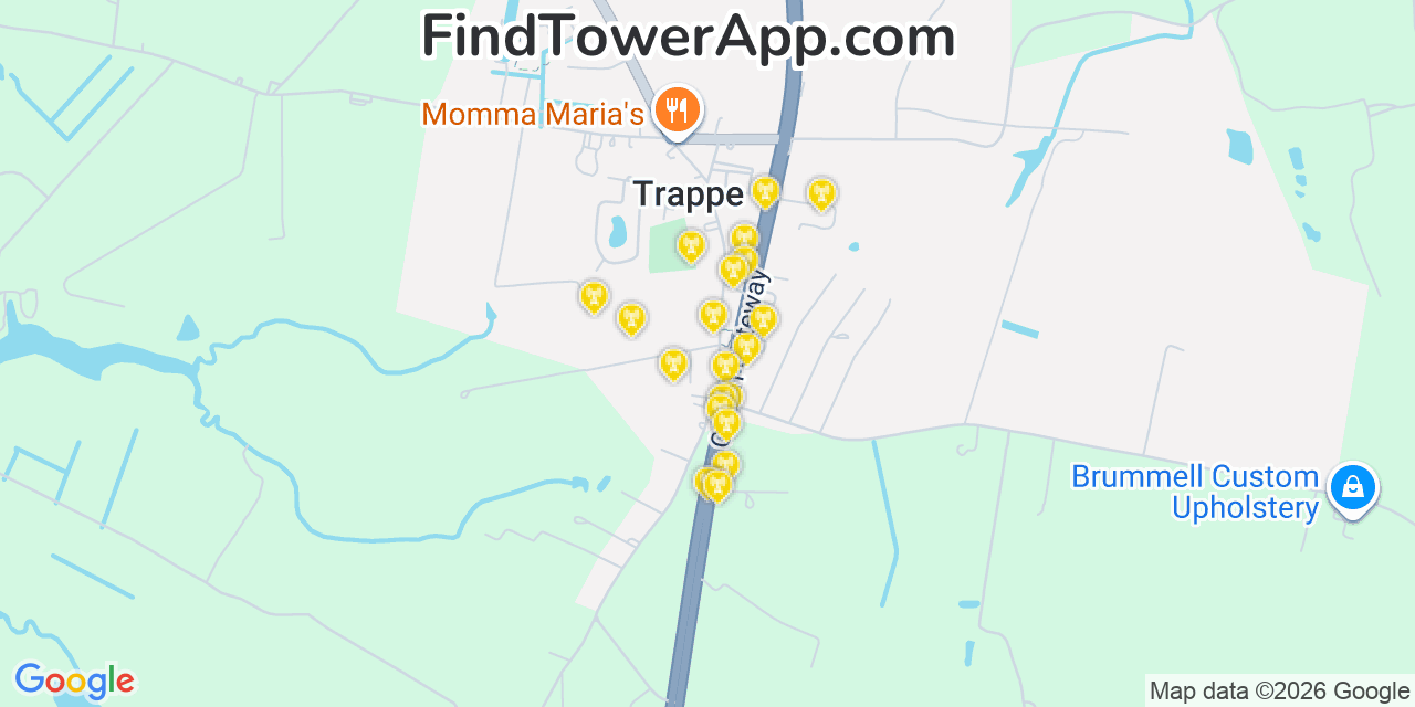 Map showing the 20 primary cell tower locations detected in Trappe, Maryland from AT&T, Verizon, and T-Mobile networks