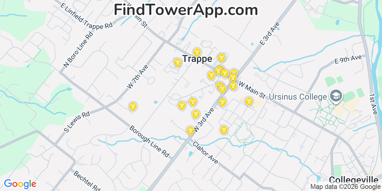 Map showing the 20 primary cell tower locations detected in Trappe, Pennsylvania from AT&T, Verizon, and T-Mobile networks