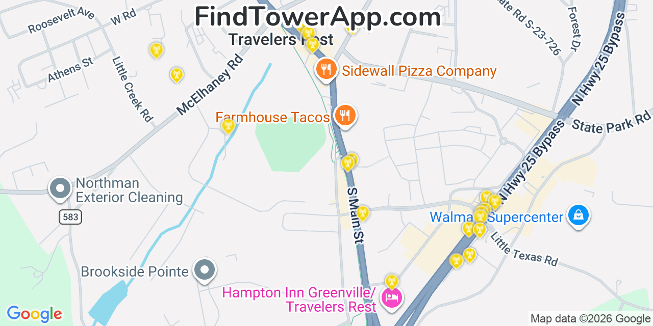 Map showing the 20 primary cell tower locations detected in Travelers Rest, South Carolina from AT&T, Verizon, and T-Mobile networks