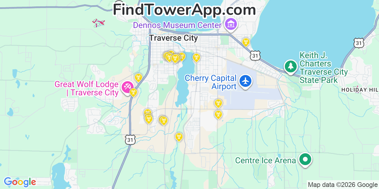 Map showing the 20 primary cell tower locations detected in Traverse City, Michigan from AT&T, Verizon, and T-Mobile networks