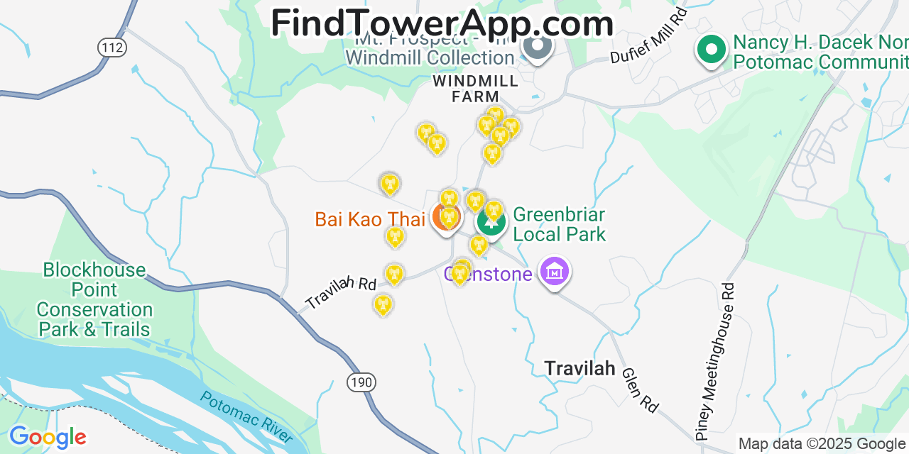 Map showing the 20 primary cell tower locations detected in Travilah, Maryland from AT&T, Verizon, and T-Mobile networks