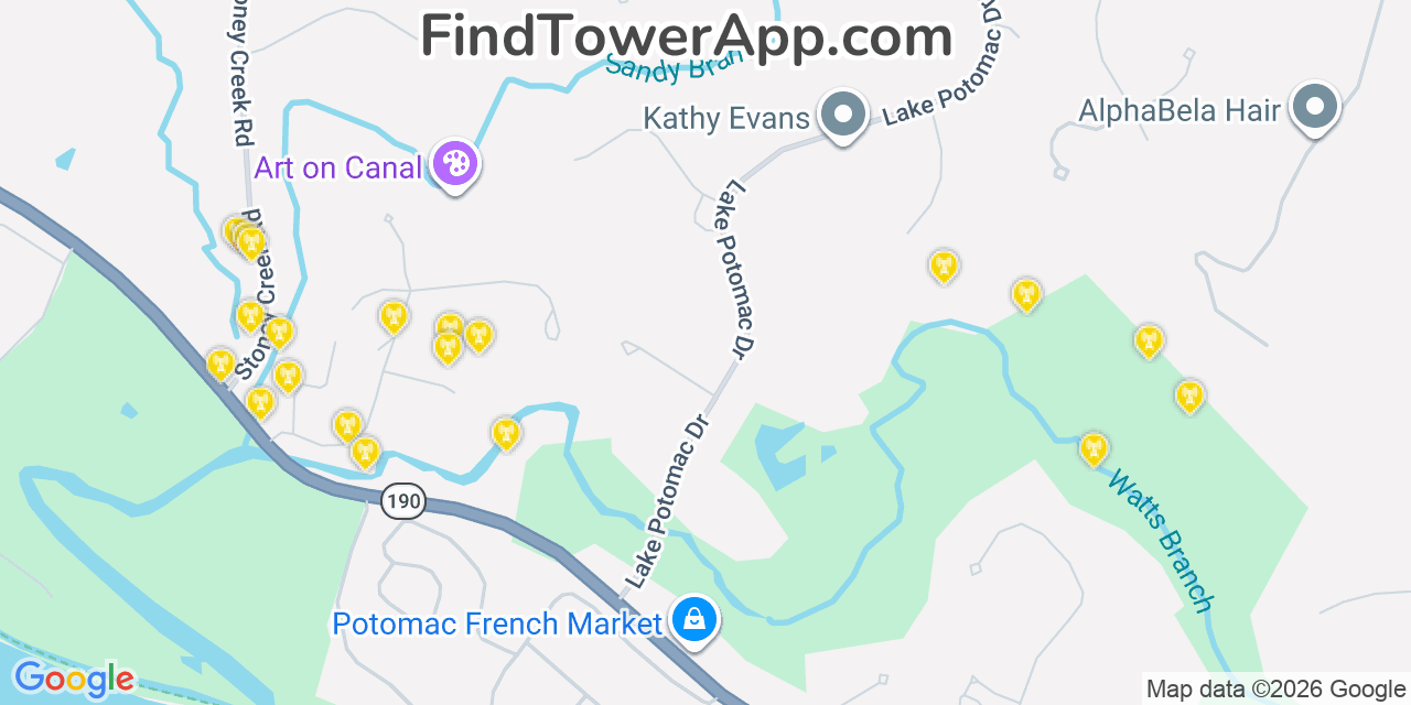 Map showing the 20 primary cell tower locations detected in Travilah, Maryland from AT&T, Verizon, and T-Mobile networks