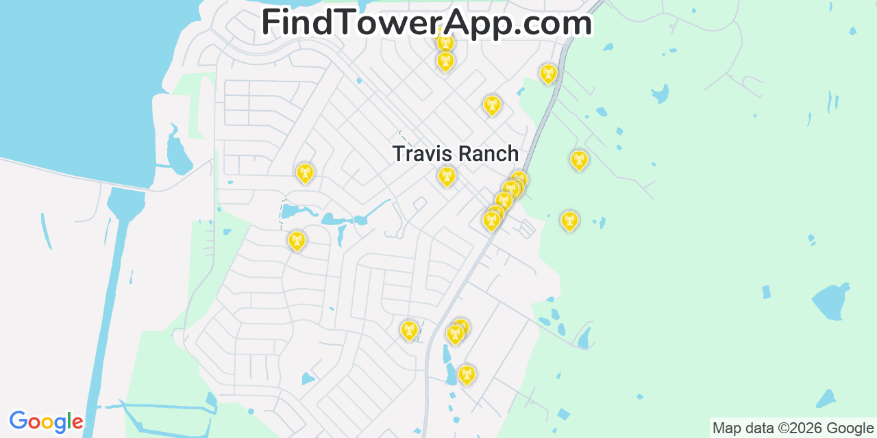 Map showing the 20 primary cell tower locations detected in Travis Ranch, Texas from AT&T, Verizon, and T-Mobile networks