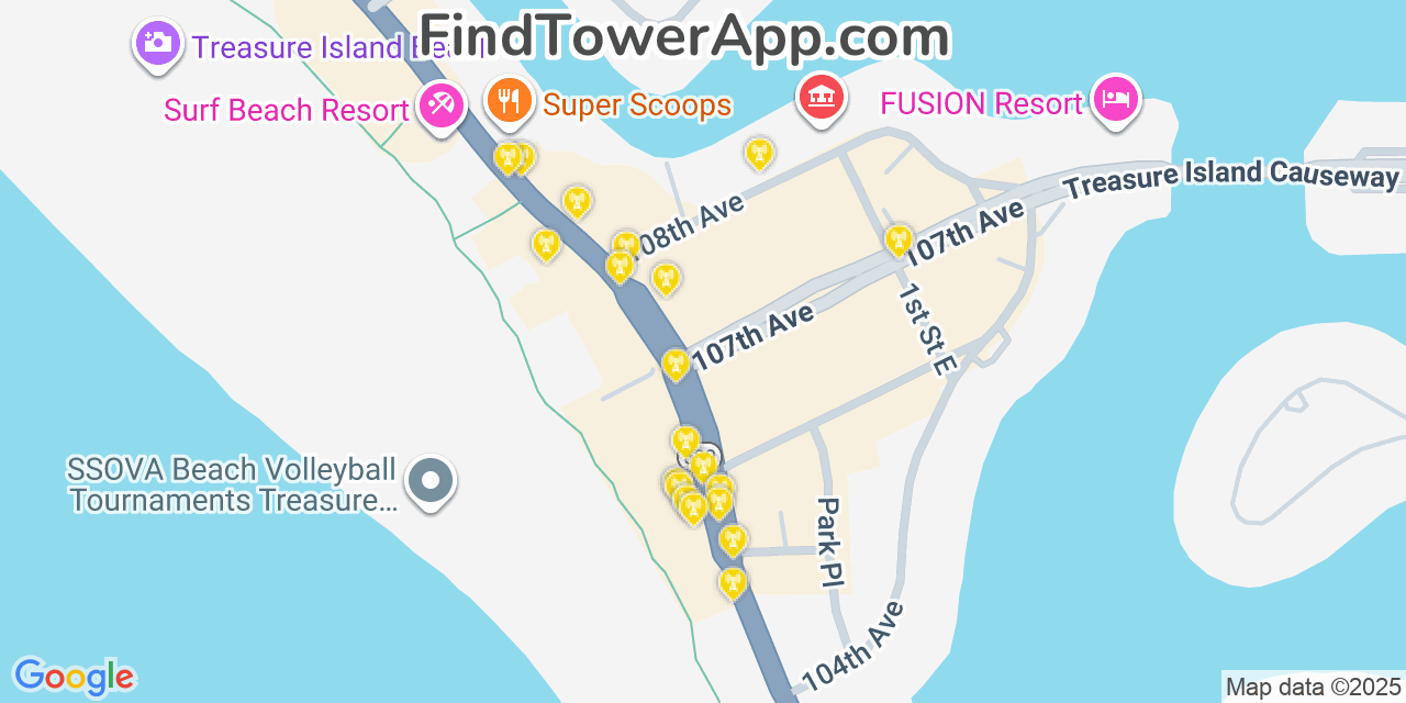 Map showing the 20 primary cell tower locations detected in Treasure Island, Florida from AT&T, Verizon, and T-Mobile networks