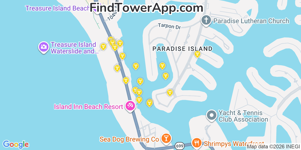 Map showing the 20 primary cell tower locations detected in Treasure Island, Florida from AT&T, Verizon, and T-Mobile networks
