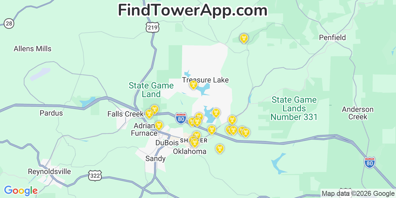 Map showing the 20 primary cell tower locations detected in Treasure Lake, Pennsylvania from AT&T, Verizon, and T-Mobile networks