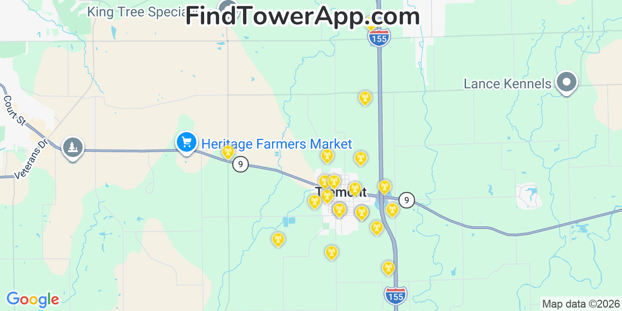 Map showing the 20 primary cell tower locations detected in Tremont, Illinois from AT&T, Verizon, and T-Mobile networks
