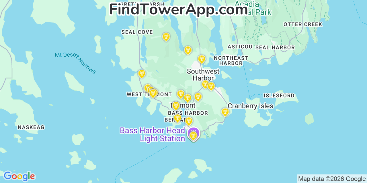 Map showing the 20 primary cell tower locations detected in Tremont, Maine from AT&T, Verizon, and T-Mobile networks