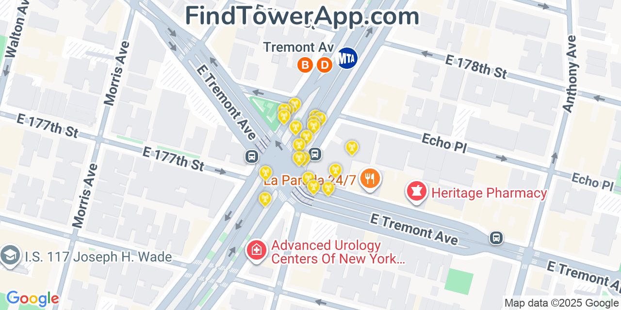 Map showing the 20 primary cell tower locations detected in Tremont, New York from AT&T, Verizon, and T-Mobile networks