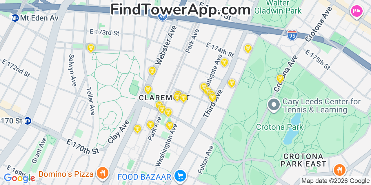 Map showing the 20 primary cell tower locations detected in Tremont, New York from AT&T, Verizon, and T-Mobile networks
