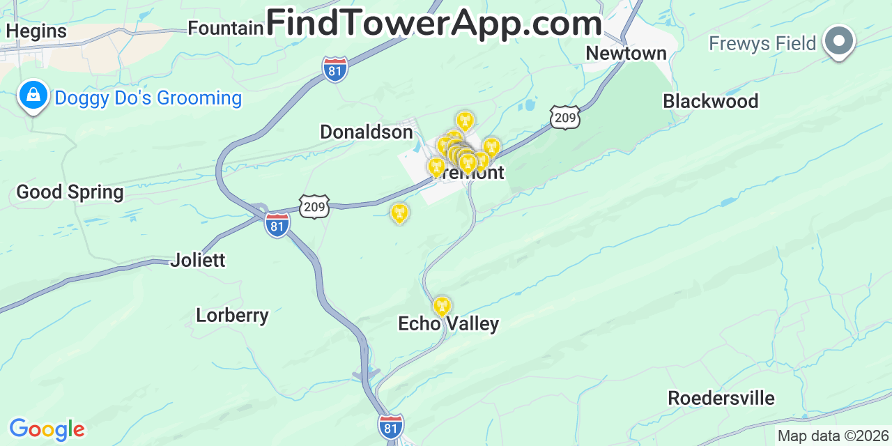 Map showing the 20 primary cell tower locations detected in Tremont, Pennsylvania from AT&T, Verizon, and T-Mobile networks