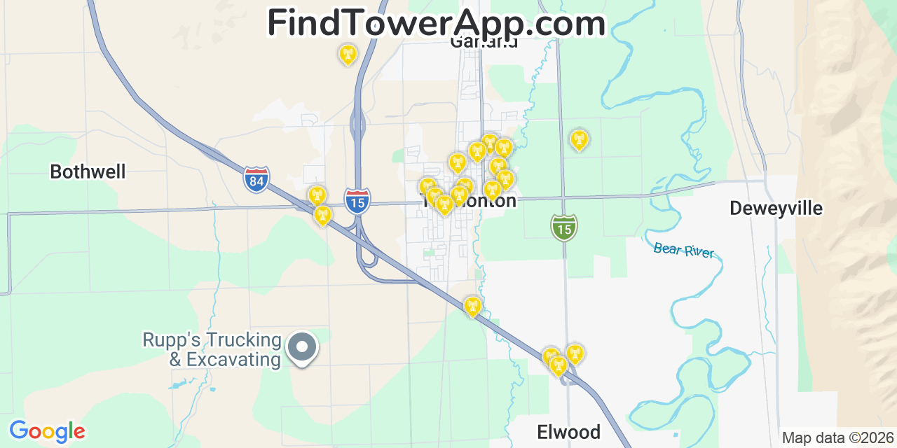 Map showing the 20 primary cell tower locations detected in Tremonton, Utah from AT&T, Verizon, and T-Mobile networks