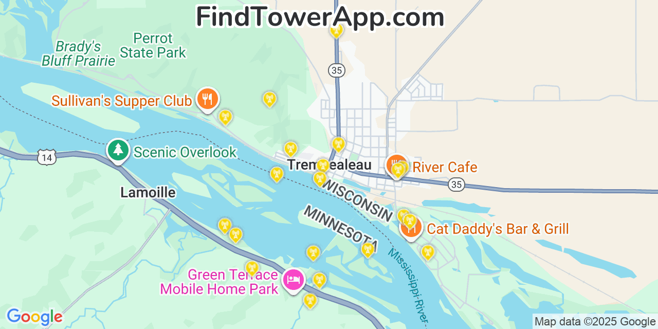 Map showing the 20 primary cell tower locations detected in Trempealeau, Wisconsin from AT&T, Verizon, and T-Mobile networks