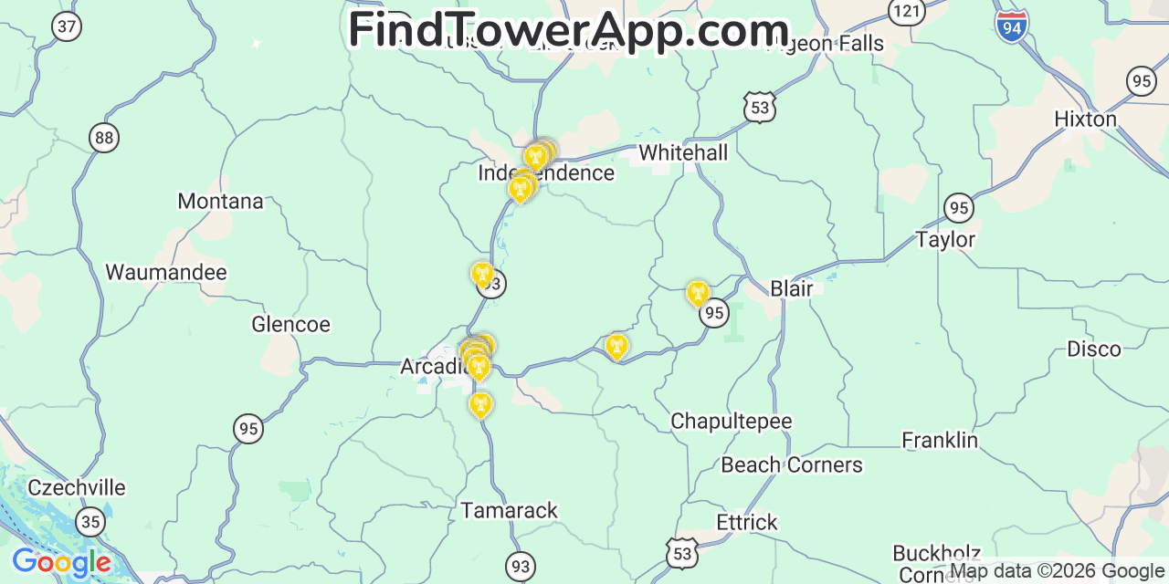 Map showing the 20 primary cell tower locations detected in Trempealeau, Wisconsin from AT&T, Verizon, and T-Mobile networks