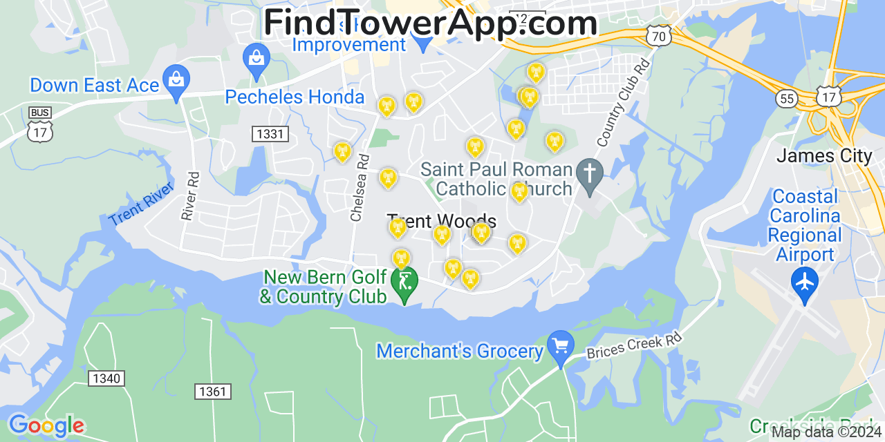 AT&T 4G/5G cell tower coverage map Trent Woods, North Carolina