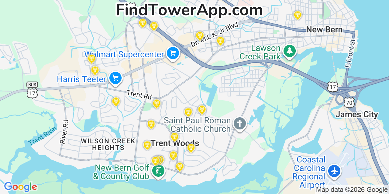 Map showing the 20 primary cell tower locations detected in Trent Woods, North Carolina from AT&T, Verizon, and T-Mobile networks