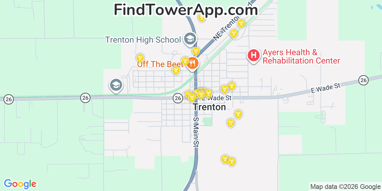Map showing the 20 primary cell tower locations detected in Trenton, Florida from AT&T, Verizon, and T-Mobile networks