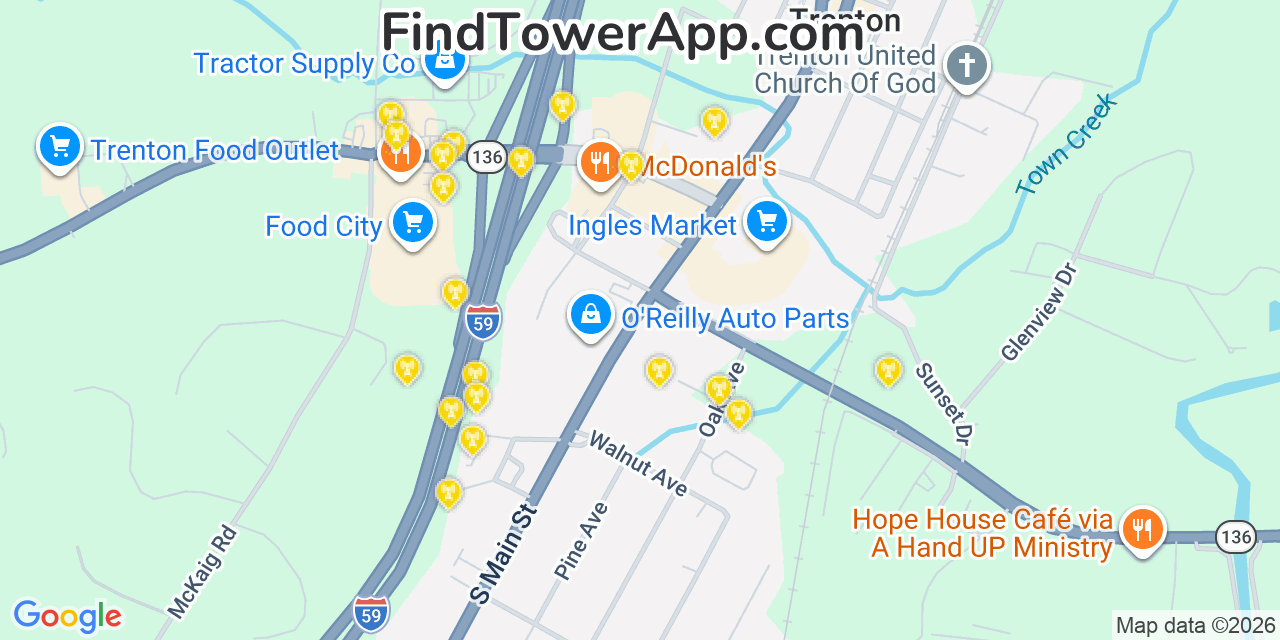 Map showing the 20 primary cell tower locations detected in Trenton, Georgia from AT&T, Verizon, and T-Mobile networks