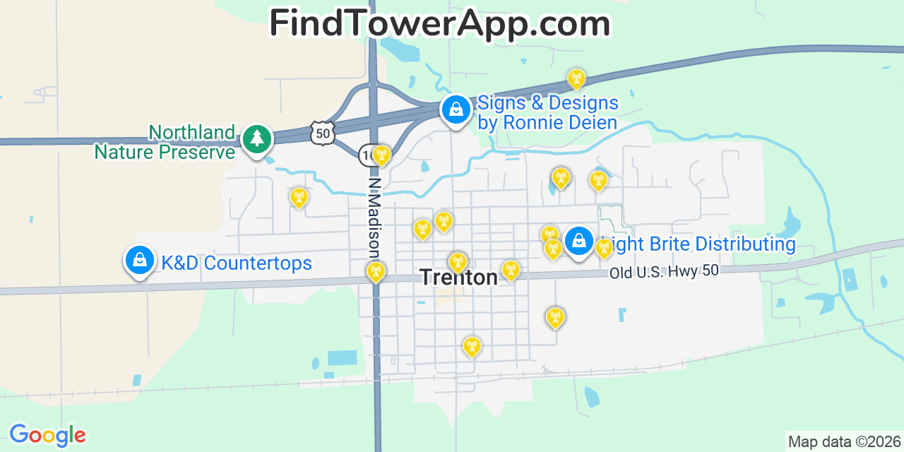 Map showing the 20 primary cell tower locations detected in Trenton, Illinois from AT&T, Verizon, and T-Mobile networks