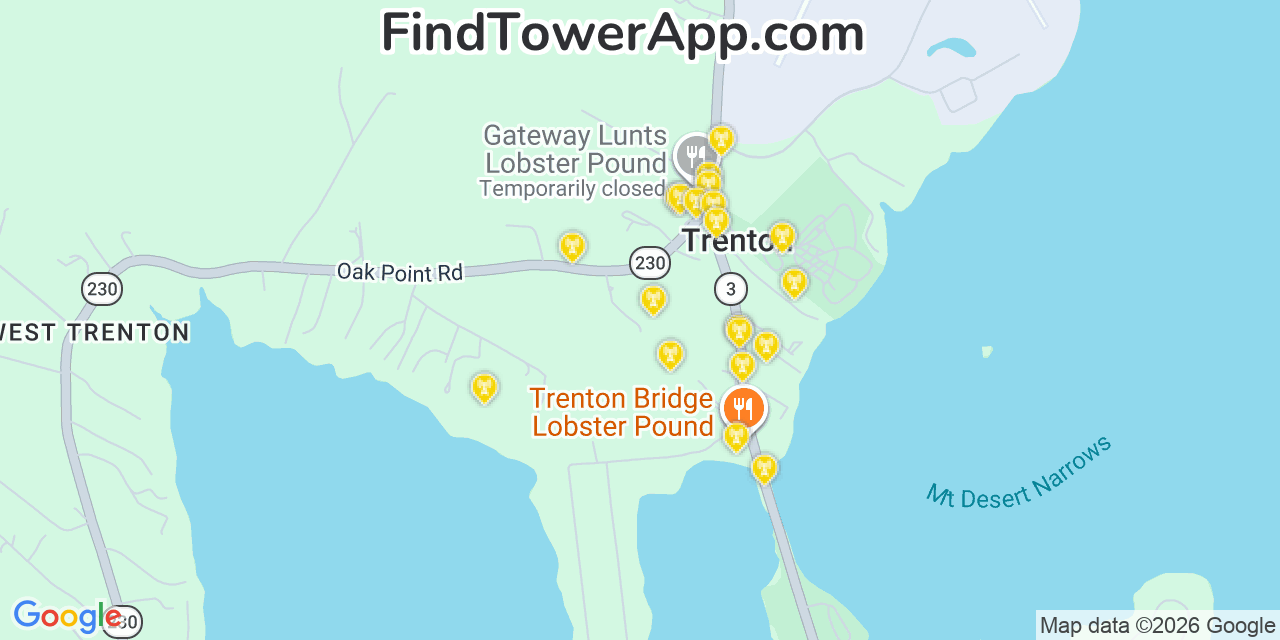 Map showing the 20 primary cell tower locations detected in Trenton, Maine from AT&T, Verizon, and T-Mobile networks