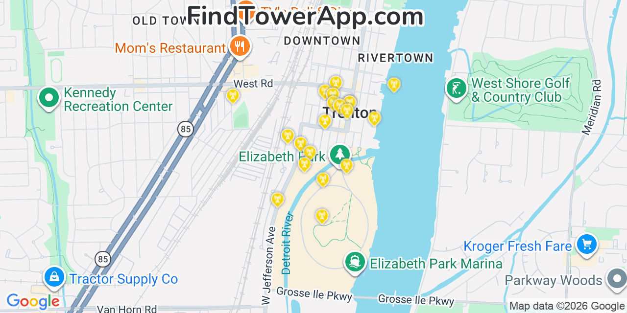 Map showing the 20 primary cell tower locations detected in Trenton, Michigan from AT&T, Verizon, and T-Mobile networks