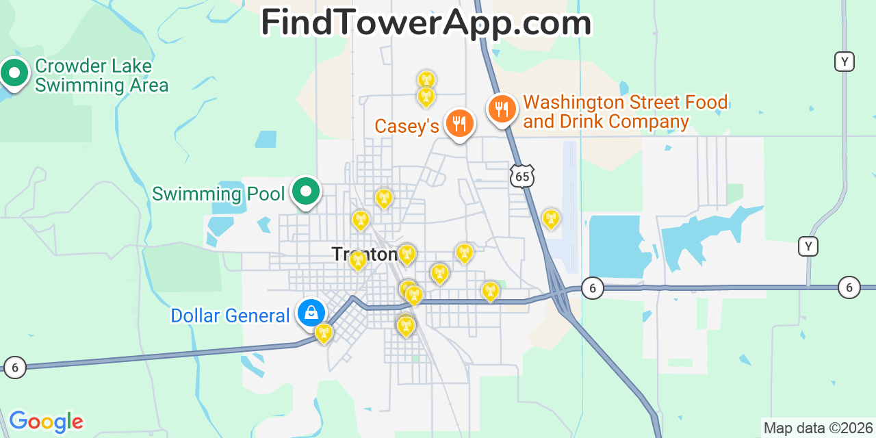 Map showing the 20 primary cell tower locations detected in Trenton, Missouri from AT&T, Verizon, and T-Mobile networks