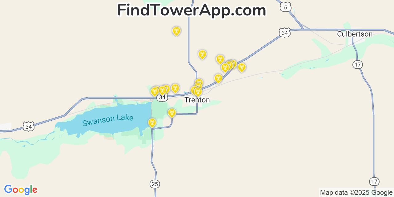 Map showing the 20 primary cell tower locations detected in Trenton, Nebraska from AT&T, Verizon, and T-Mobile networks