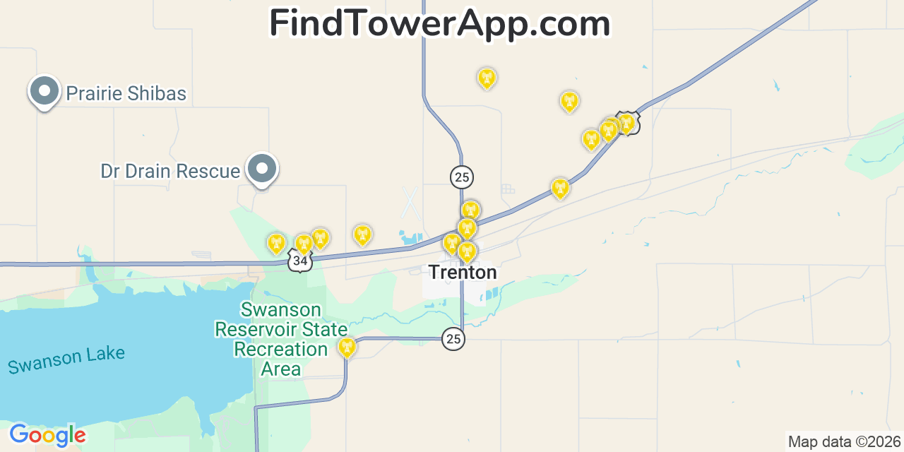 Map showing the 20 primary cell tower locations detected in Trenton, Nebraska from AT&T, Verizon, and T-Mobile networks